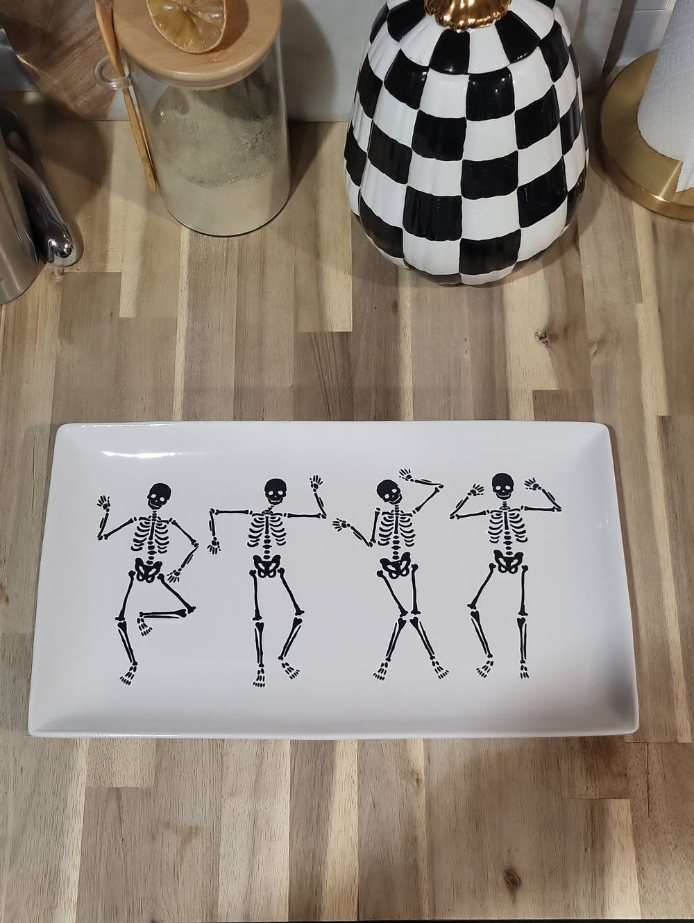 💀NEW! Fun Dancing Skeleton White Ceramic Halloween Serving Platter